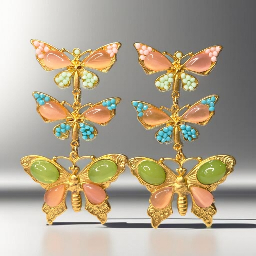 Oversized Matte Gold Plated Pastel Jeweled Butterfly Statement Earrings